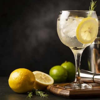 Gin Tonic in einem hohen Glas. Daneben liegt eine Zitrone und 2 Limetten.