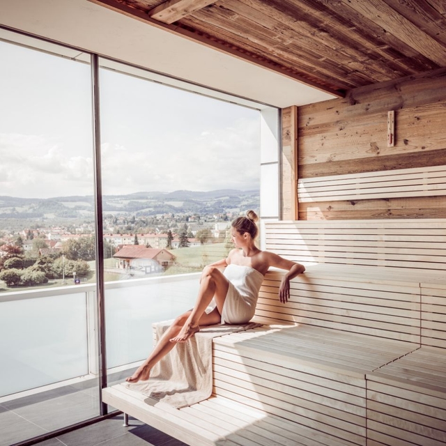 Dame sitz auf der mittleren Saunabank und blickt durch das Panoramafenster auf die Landschaft.