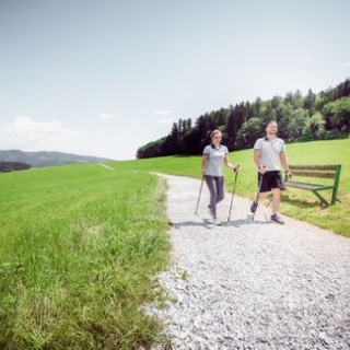 Pärchen beim Walken umgeben von grünen Wiesen und Bäumen.